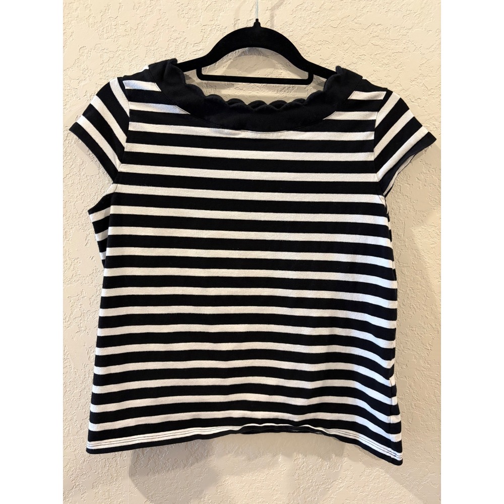 Anne Klein Black White Striped Scalloped Neck Cap Sleeve Knit Top Petite Large
